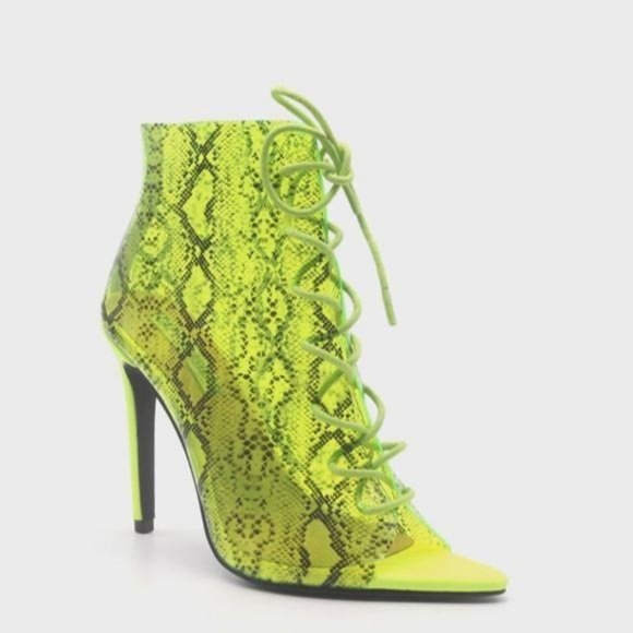 Lime Snake Transparent Lace Up Pep Toe Booties - Picture 7 of 9